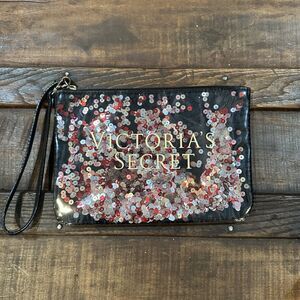 Victoria's Secret Wristlet Make Up Week Ender Zippered Bag Moving Sequins 8.5x6”